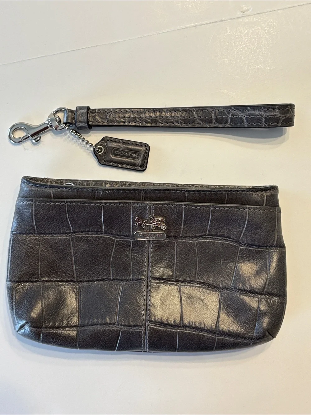 Coach Grey Madison Leather Embossed Croc Zip Wristlet